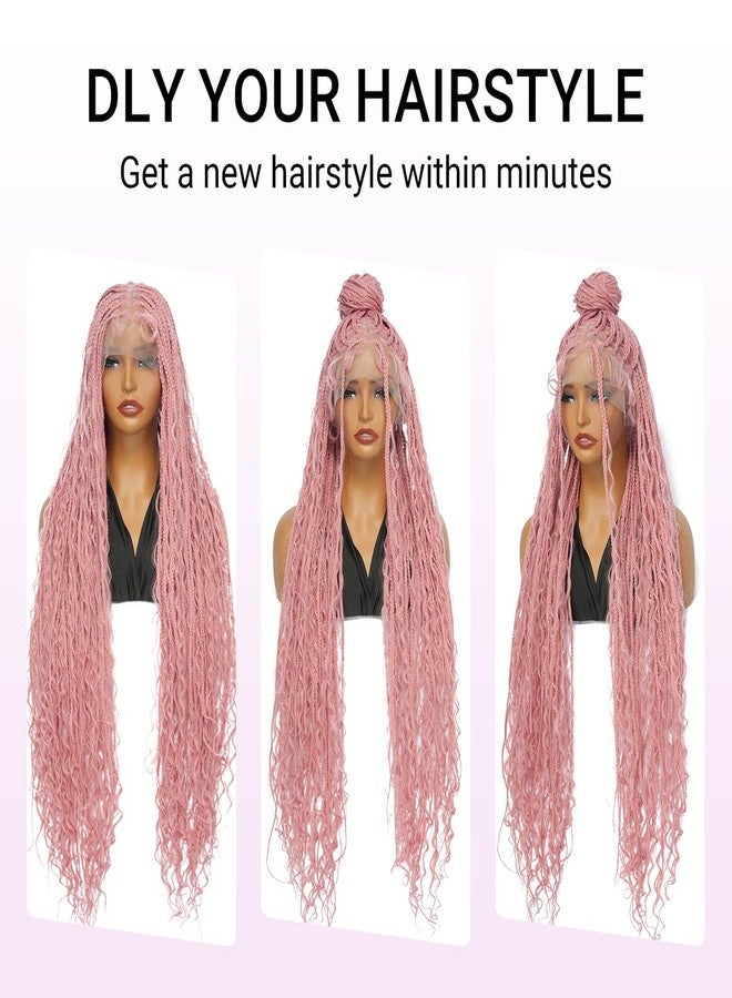 SUPERNOVA #Pink Full Lace Knotless Box Braided Wigs 36 Inch Long Wavy Square Knotless 360 Full Lace Synthetic Hair Boho Braided Wig For Black Women Breathable Cap Hot Pink Box Braids Wig - Image 3